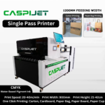 Caspijet CS-1200 single pass printer printing on various materials such as Kraft Paper Bag, Corrugated Carton, Wood Board, Paper, Paper Bag, Paper Cups, and more.