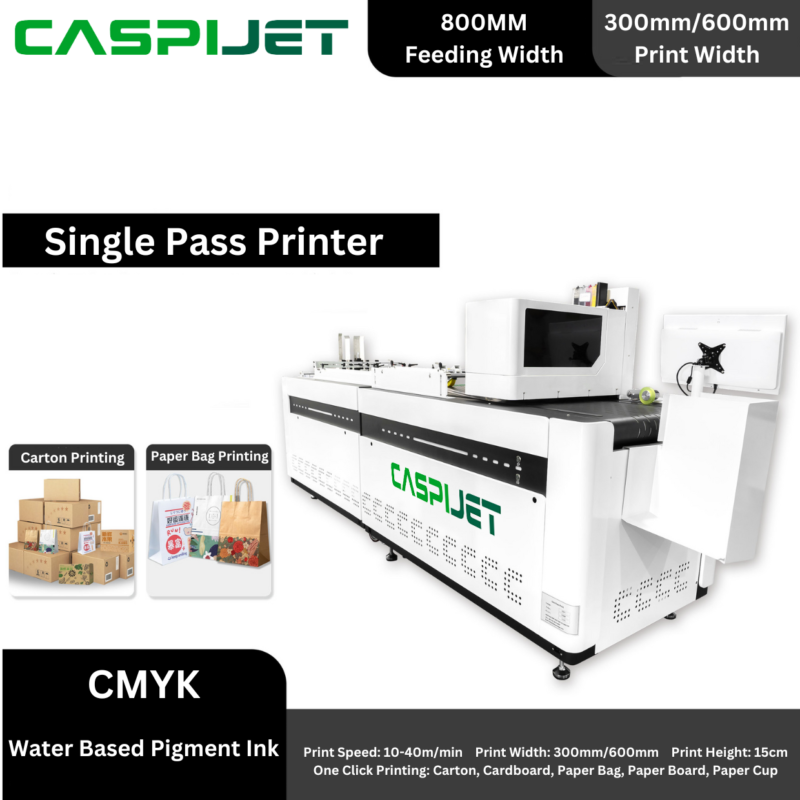 Caspijet CS-800 80cm single pass printer printing on pizza box