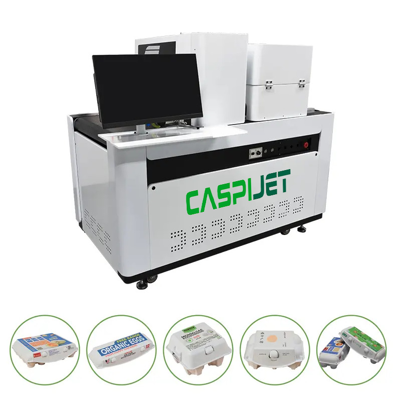 Caspijet CJ-T3 pulp egg carton printer in a factory setting.