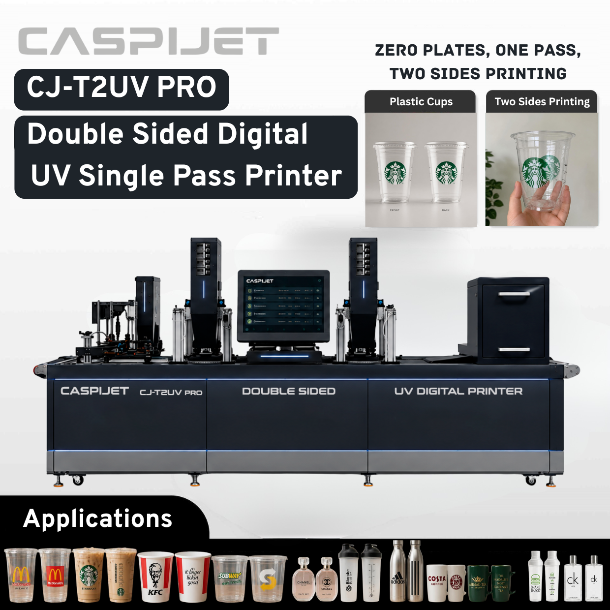 Caspijet CJ-T2UV Pro double sided plastic cup UV digital printer high speed 30-40 cups per minute one pass