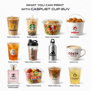 Caspijet CUP-2UV Cup and Container Printing Applications Caspijet CUP-2UV applications for printing plastic cups, food containers, bottles and perfume bottles