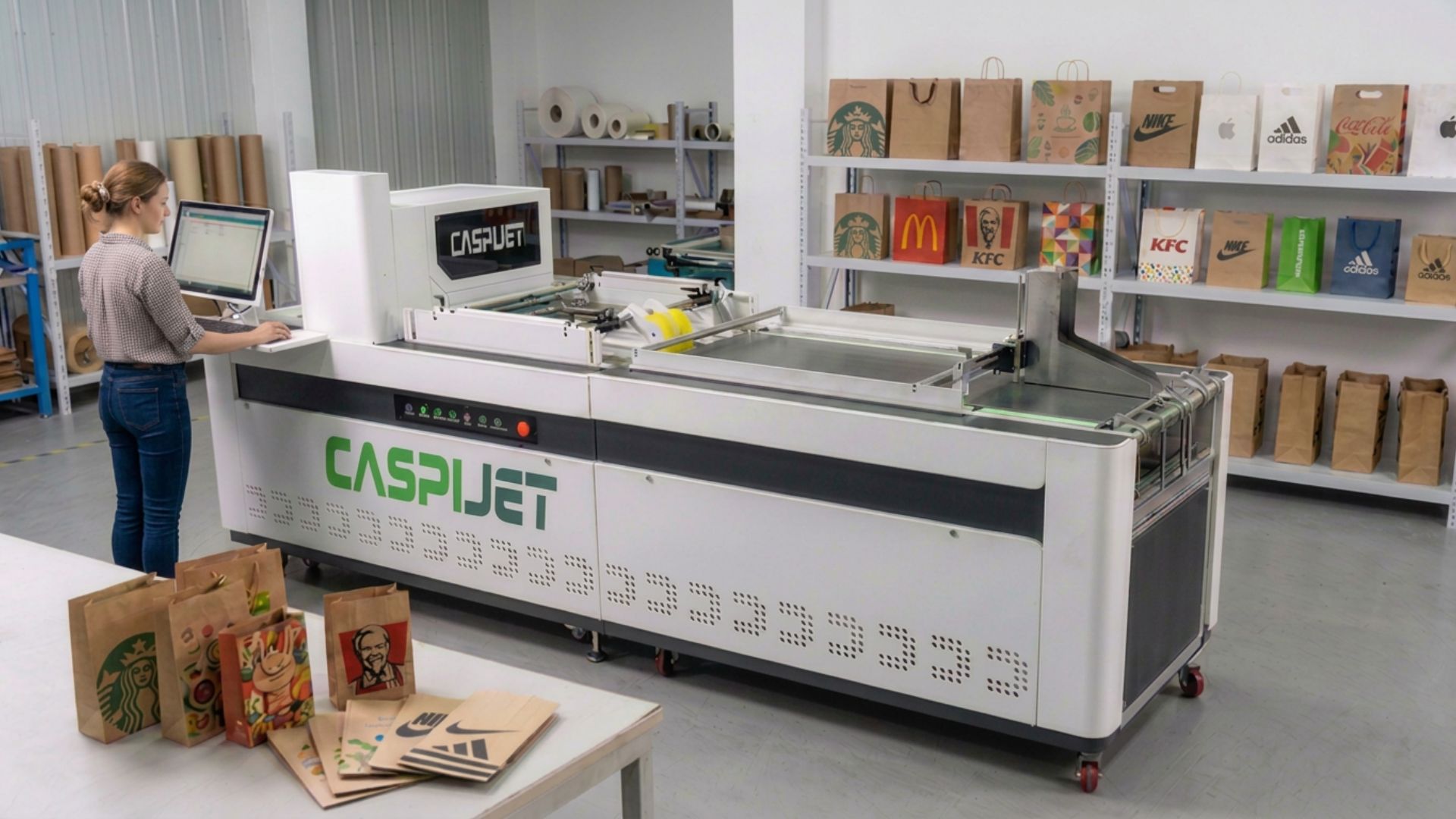 Caspijet single-pass digital printer printing custom paper bags