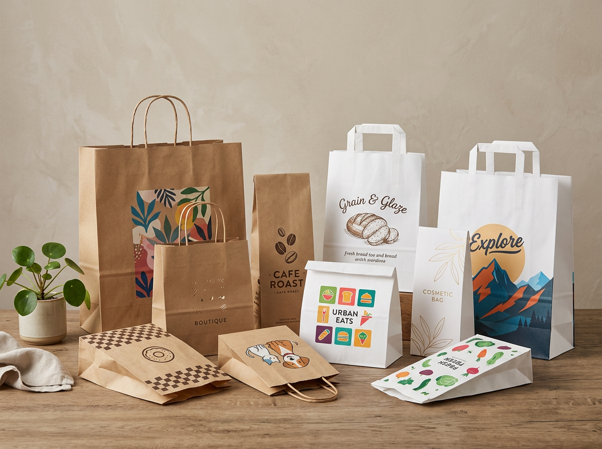 Examples of custom printed paper bags for retail, food and promotional packaging
