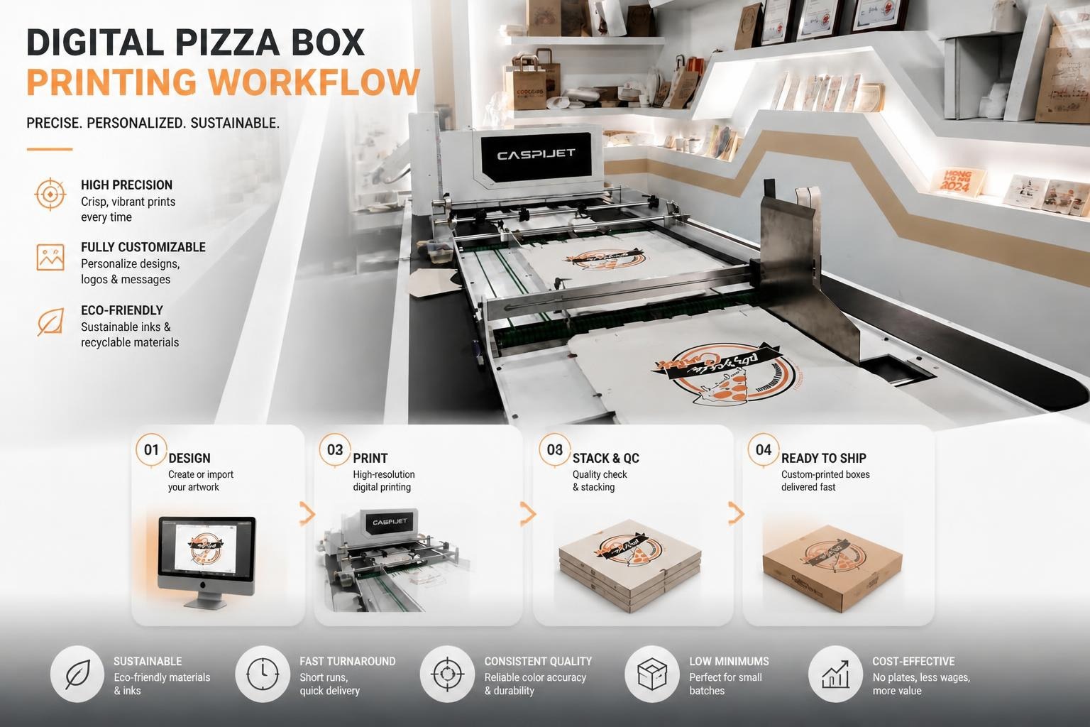Digital pizza box printing process from blank sheet to finished packaging