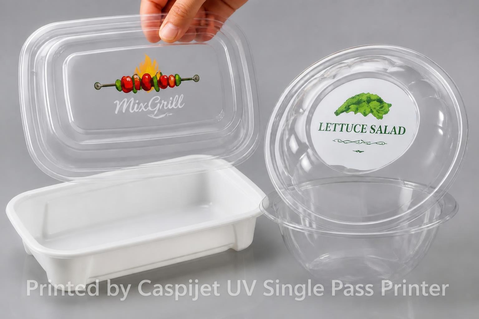 White and CMYK UV printing on plastic containers