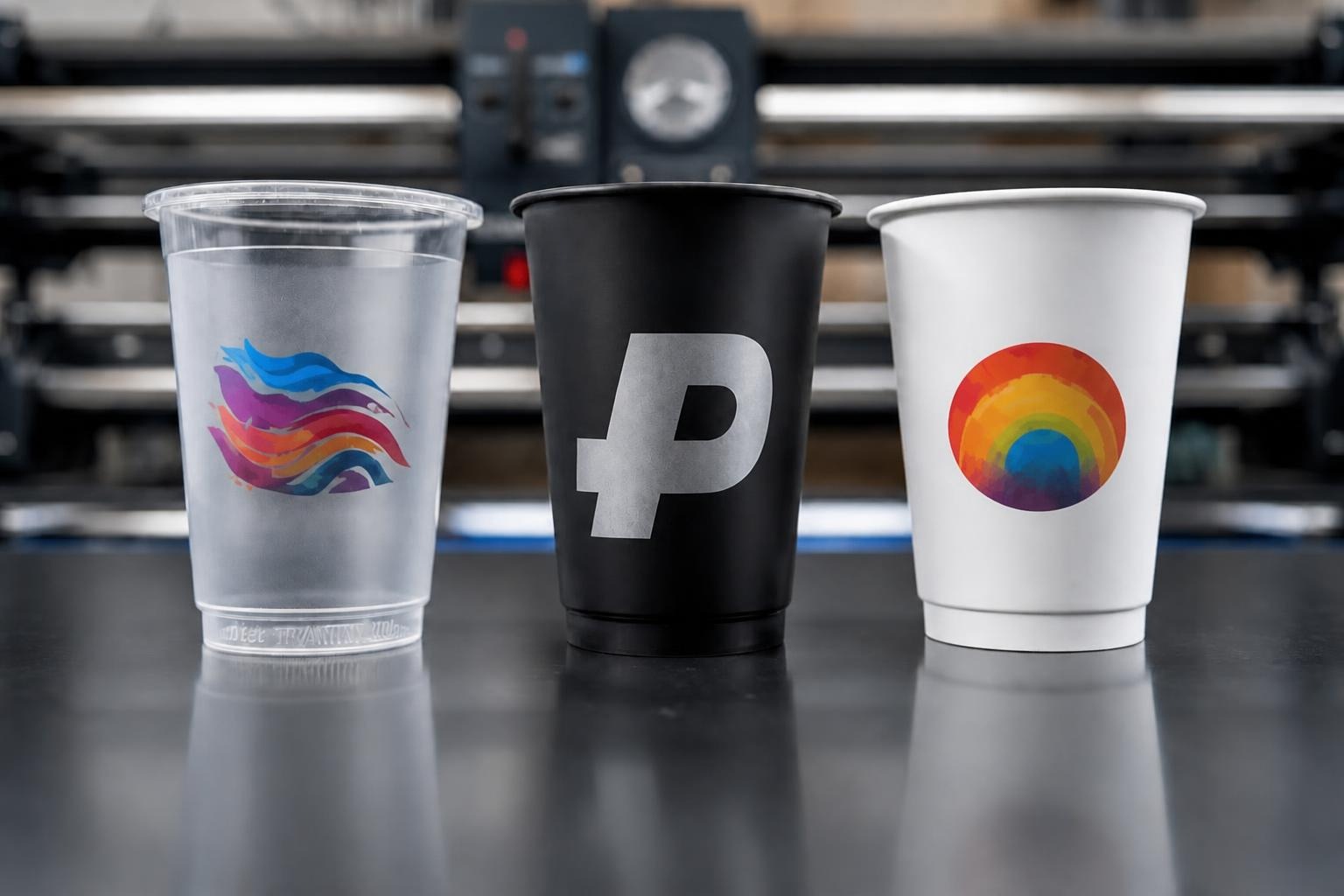 White and CMYK UV printing on plastic cups